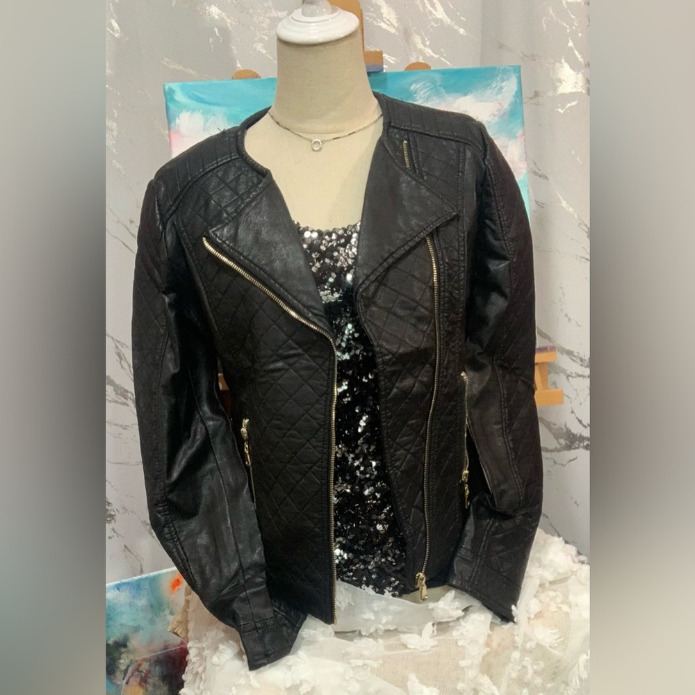 Black Quilted Faux Leather Moto Jacket with Gold Zippers